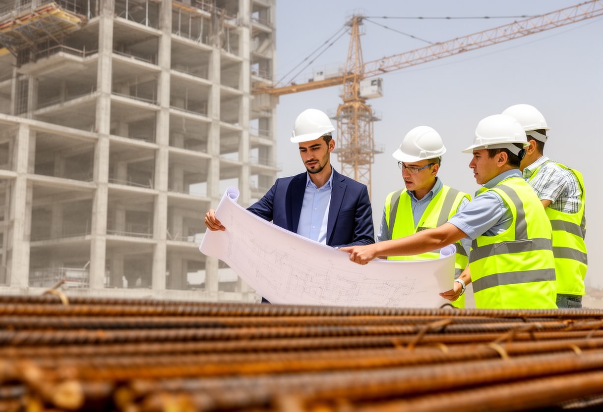 A thin man with a goatee in a white hard hat and blazer studies a plan with engineers in hi-vis vests in front of a concrete tower frame