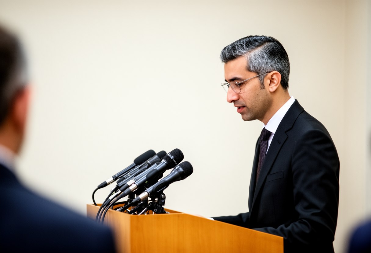 A man in steel glasses and a dark suit speaks at a lectern with a cluster of microphones against a bare wall