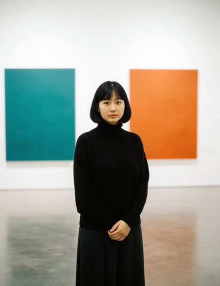 A young woman with a black bob in a black sweater standing in a white gallery between a turquoise and an orange painting