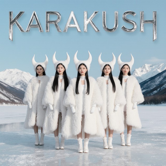 Five women in white fur coats and horned white headdresses standing on a frozen lake below mountains