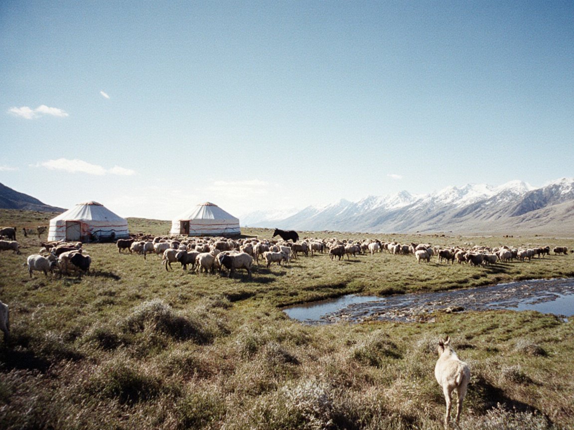 Two white yurts and a large flock of sheep on a flat high grassland crossed by a shallow stream, with a horse among the sheep and a long snowy range under a clear blue sky