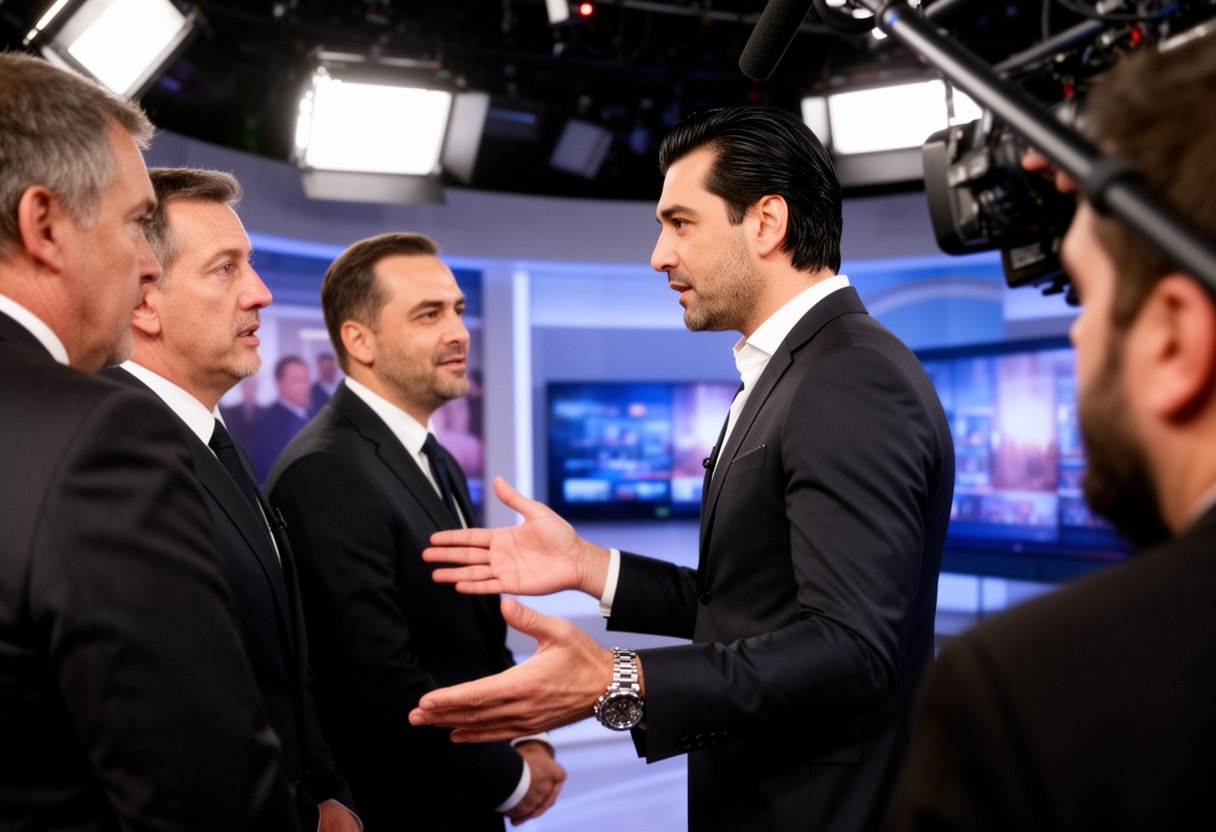 A man with swept-back hair in a dark suit gestures while talking to three men in a television studio, a camera at the edge of the frame