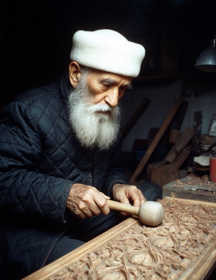 A white-bearded man in a white felt hat and quilted jacket carving an ornamental wooden panel with a mallet