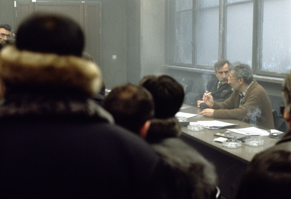 Seen over the shoulders of men in fur-collared coats, a grey-haired man in glasses and a brown cardigan sits at a table with a cigarette, talking to the man beside him