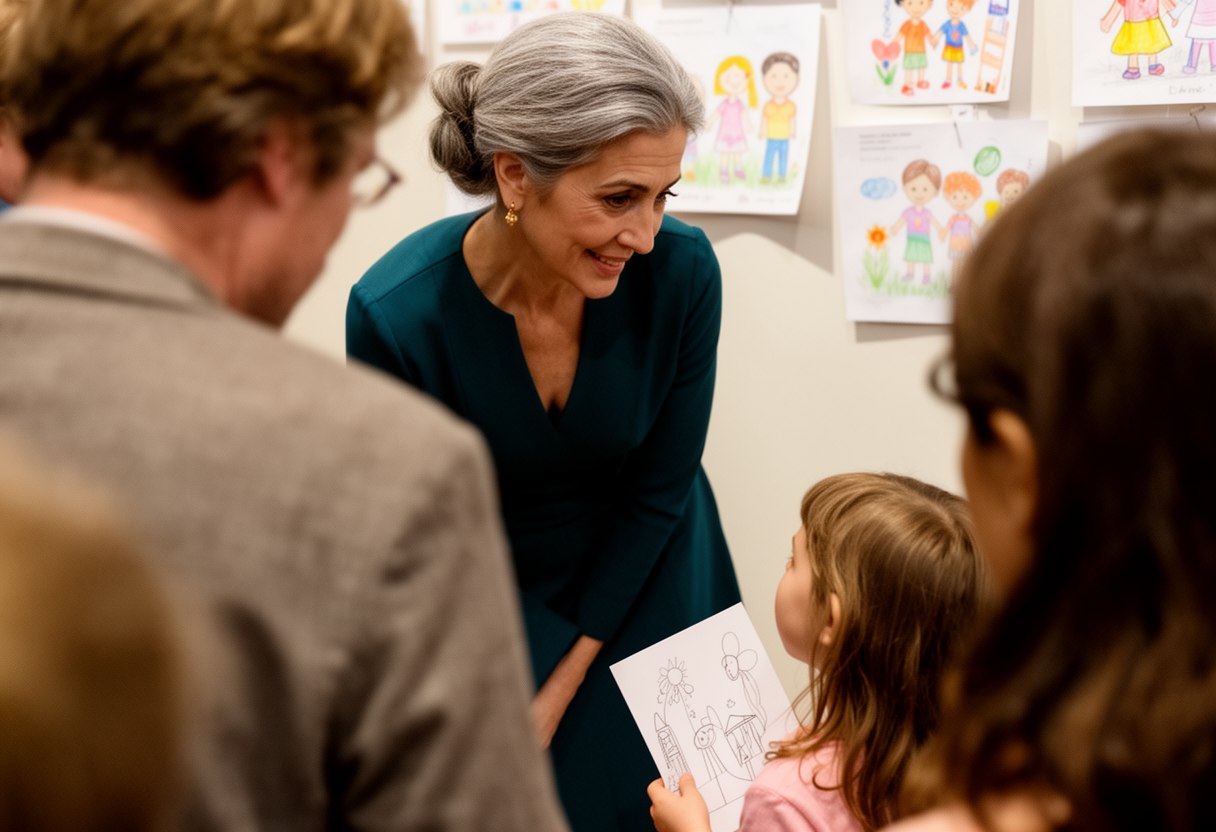A grey-haired woman in a teal dress bends to talk to a small girl holding a drawing, seen past other guests