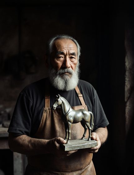 A grey-bearded man in a leather apron holding a small bronze horse on a base in a dark workshop