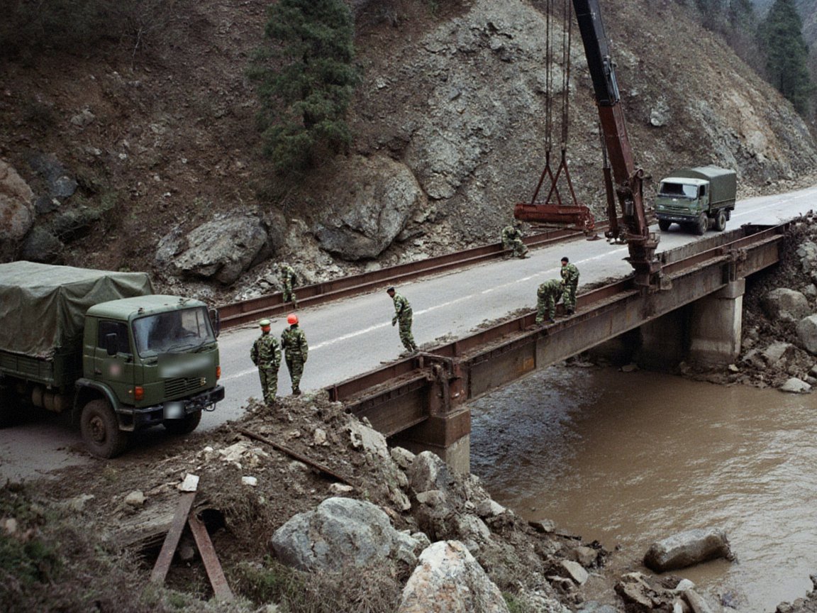 Soldiers in camouflage work on a steel girder bridge over a muddy river while a truck crane lifts a beam, with green army trucks on the road and rock-strewn slopes on both sides