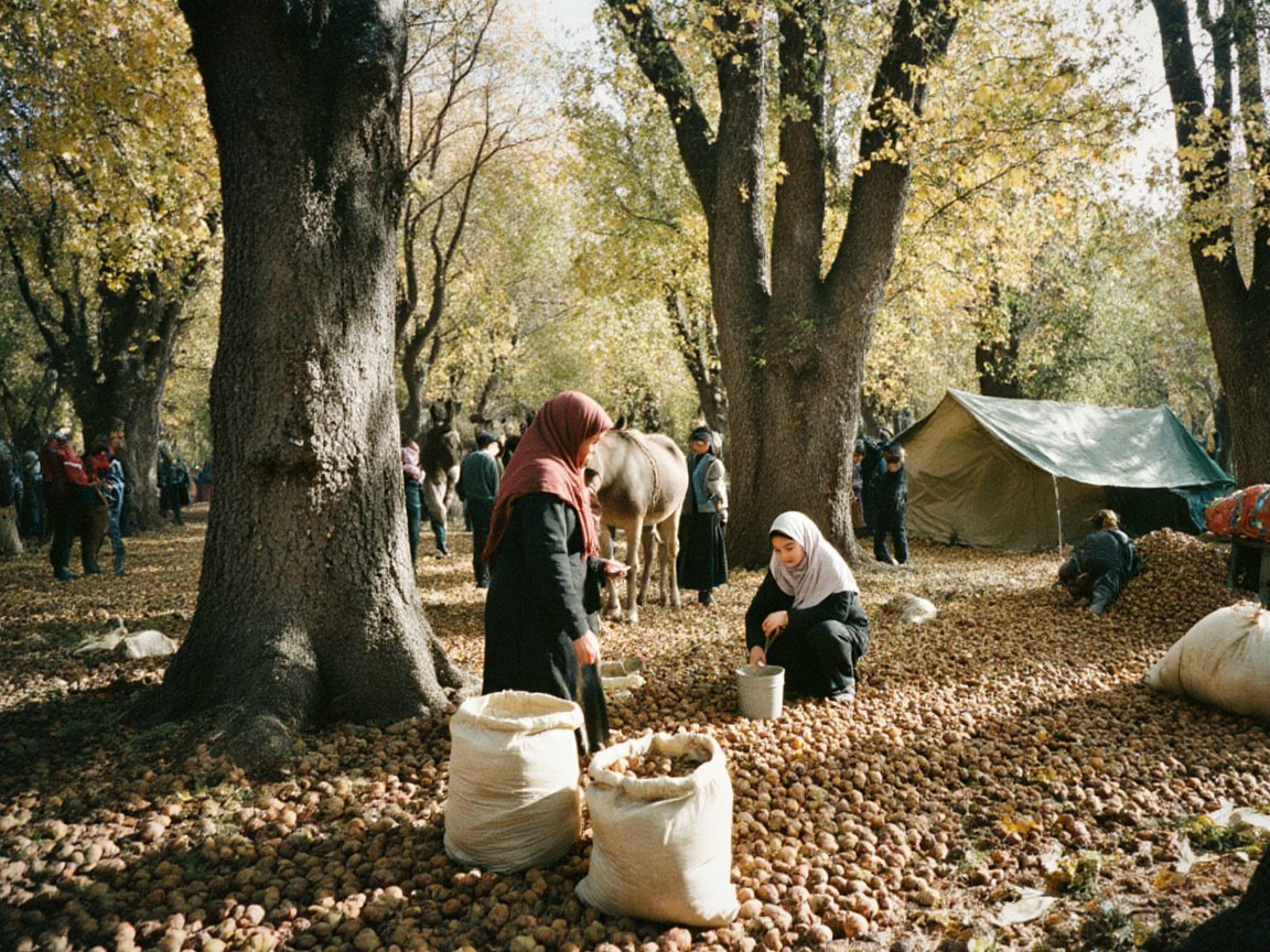 Under huge old walnut trees with yellowing leaves, women in headscarves fill sacks from a ground covered in walnuts, with a donkey, a canvas tent and other gatherers among the trunks