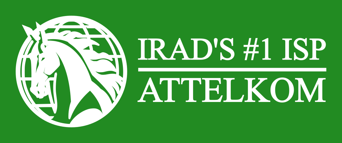 Attelkom logo: a white horse's head within a globe, with the words "Irad's #1 ISP" and "Attelkom", on forest green