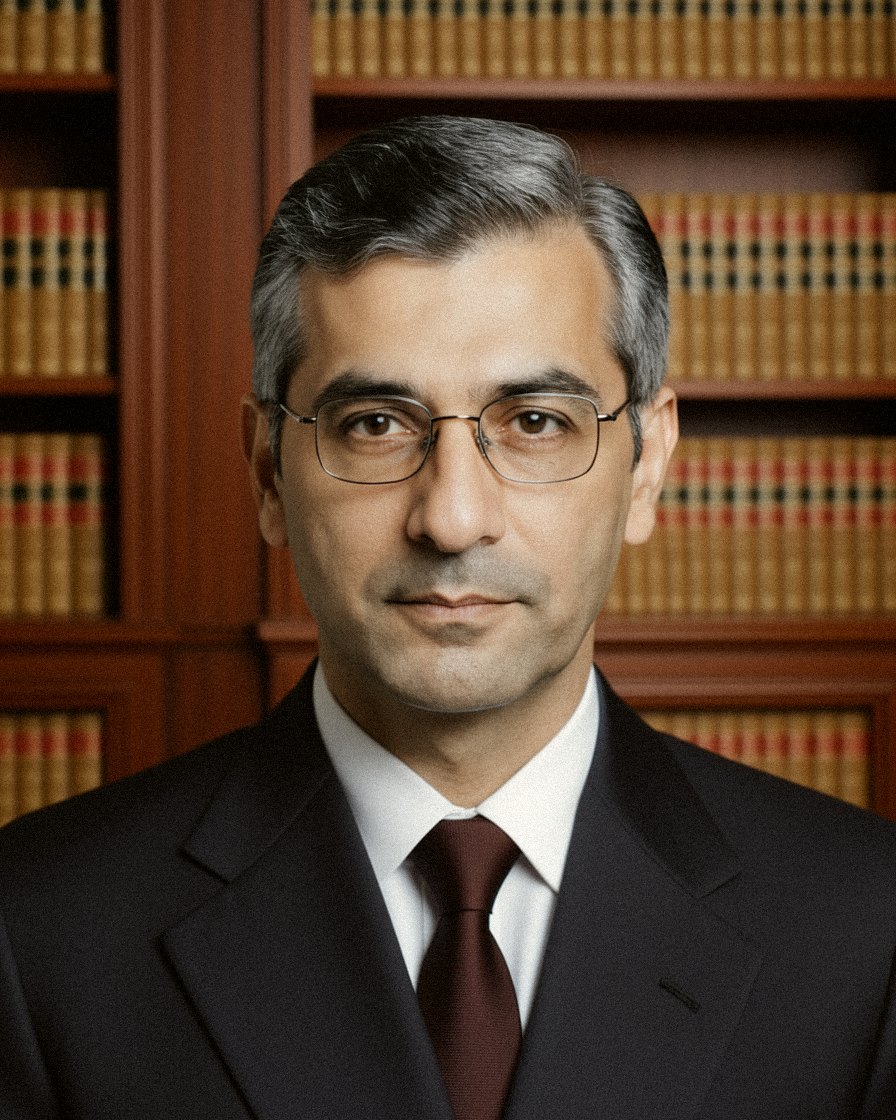 A slim greying man in wire-rimmed glasses and a dark suit in front of shelves of law books