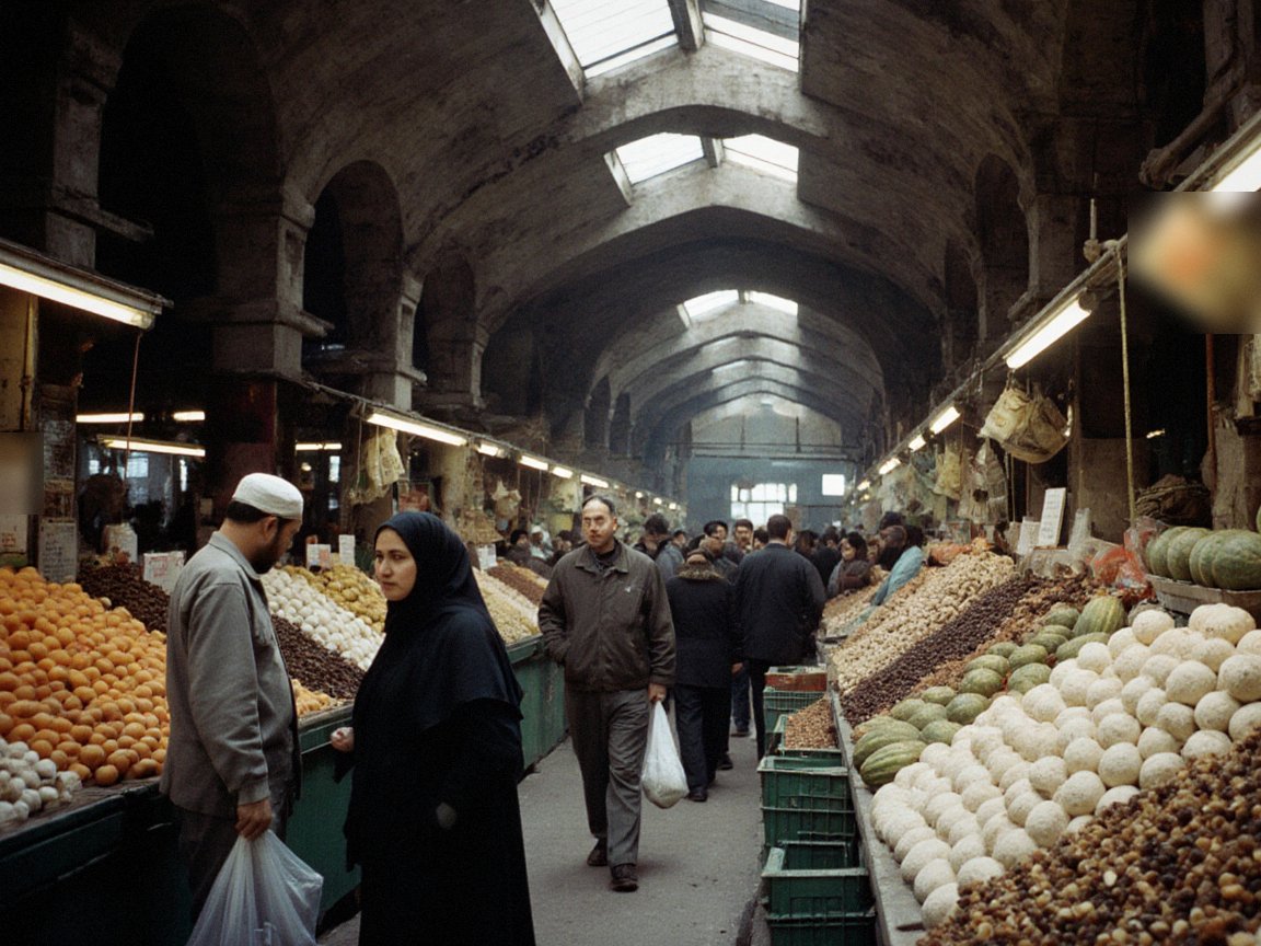 Aisle of a vaulted market hall with skylights, counters heaped with dried apricots, nuts, melons and white dried-cheese balls; a trader in a skullcap and a woman in a headscarf on the left, shoppers beyond