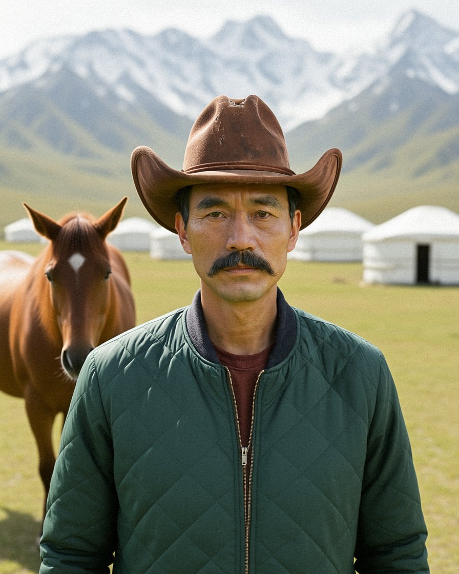 A man with a drooping black moustache in a battered brown cowboy hat and green quilted jacket, a horse and white yurts behind
