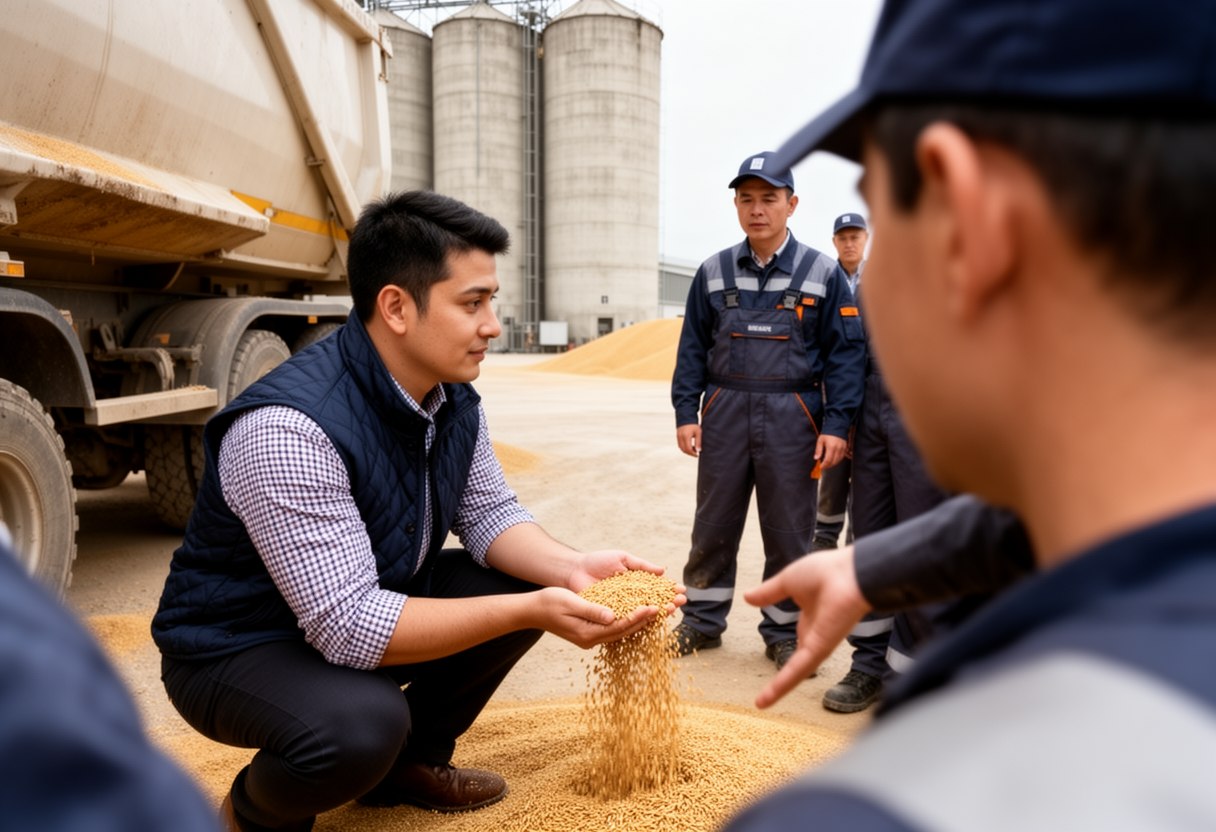 A young man in a quilted vest crouches and lets grain run through his hands while workers in overalls watch, silos behind