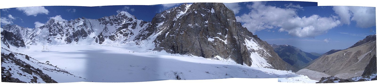 A panoramic view of a glacier in the Ala Archa National Park in Kyrgyzstan during winter.