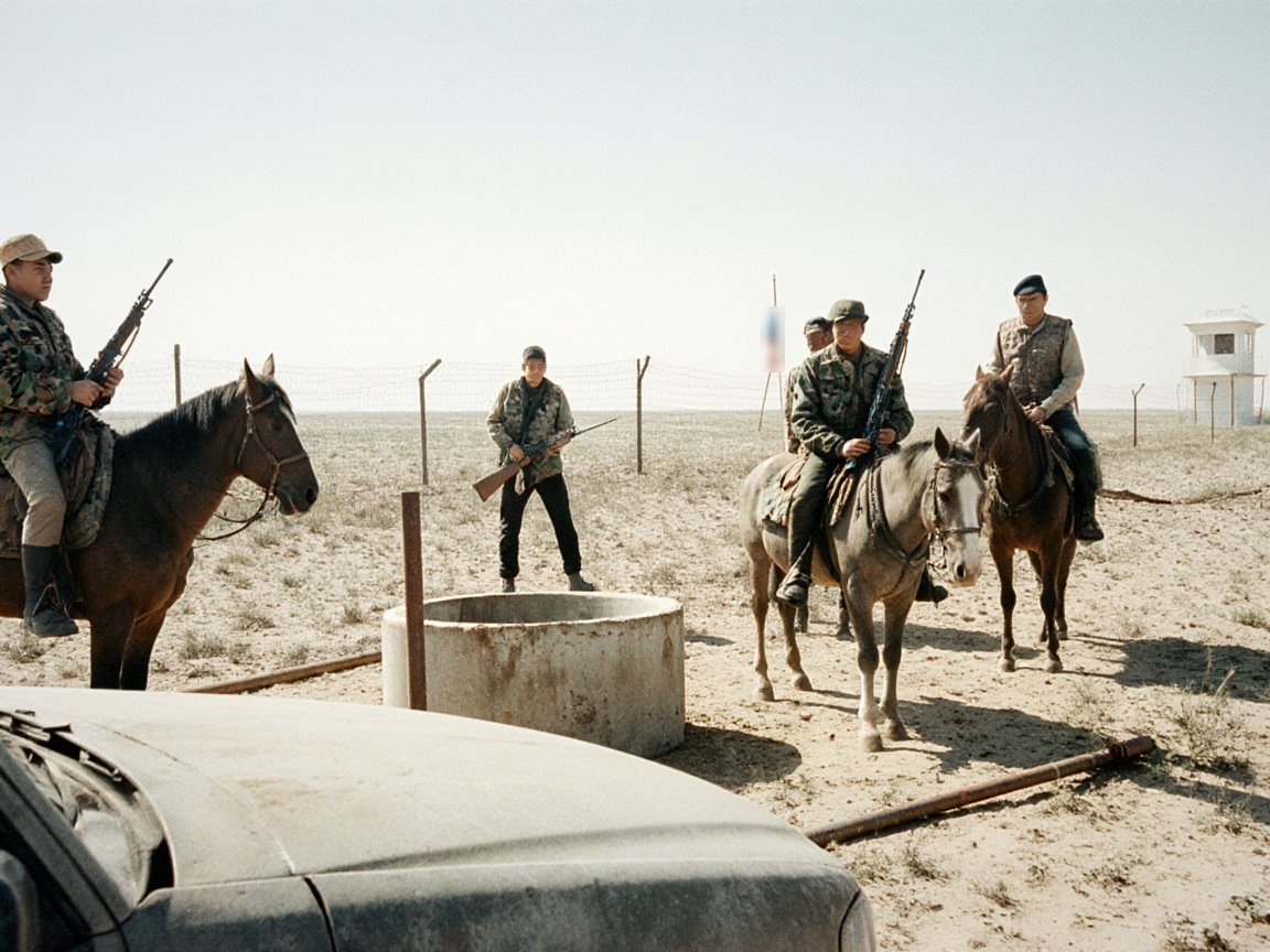 Seen past the dusty bonnet of a car, armed men on horseback and on foot in camouflage around a concrete well on flat semi-desert, with a wire fence, fallen marker posts and a white watchtower in the distance