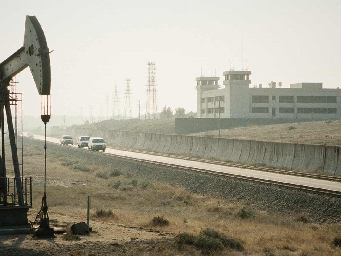 Oil pumpjack in the foreground on dry steppe; beyond a road and railway, white SUVs pass a long concrete wall with a pale building with two watchtowers behind it, pylons in the haze