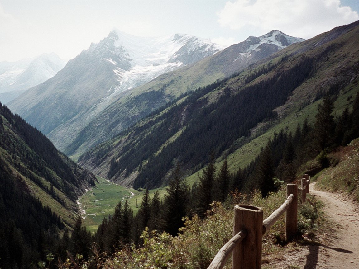A dirt trail with a wooden rail runs along a slope above a deep valley with dark spruce forest and green meadows on the valley floor, below snow-covered peaks