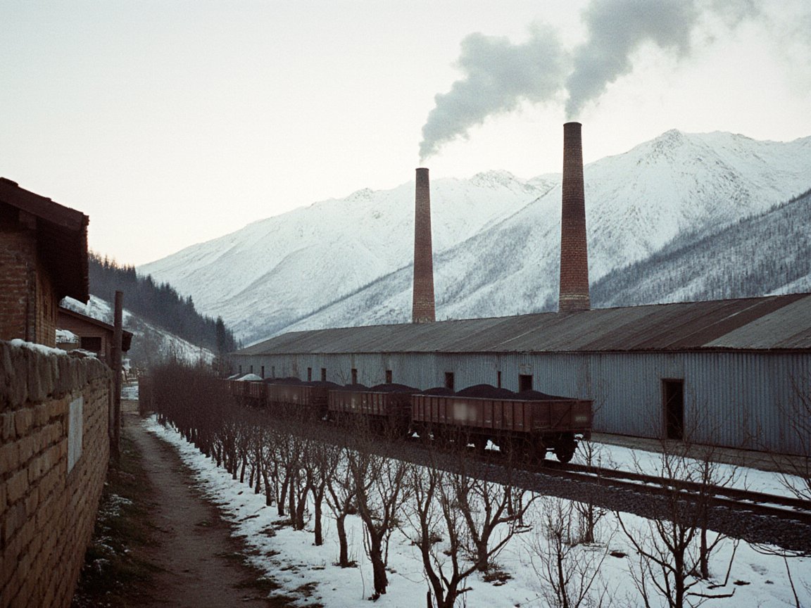 Two brick chimneys trail smoke above long corrugated sheds and a train of ore wagons, seen past a mud-brick wall and rows of bare fruit trees in the snow, with snowy mountains behind