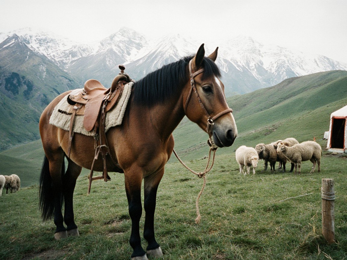 A compact bay horse with a dark mane, saddled and with a rope halter, standing on a green mountain pasture beside grazing sheep, with a white yurt to the right and snowy peaks behind