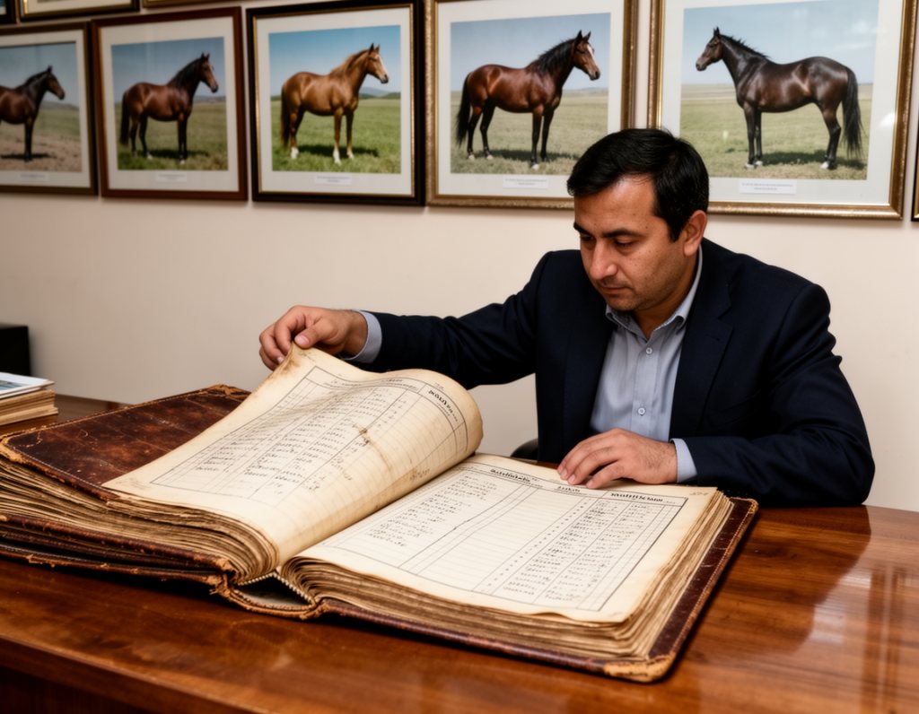 An archivist turning the pages of a large old leather-bound studbook ledger on a wooden table, handwritten columns too small to read, framed horse photographs on the wall behind