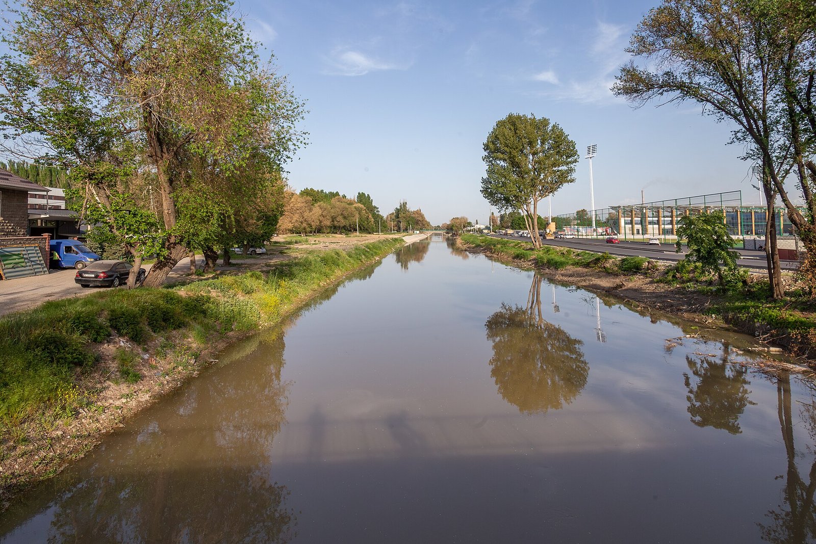 View at the Big Chuy canal from the Elebesov street bridge. Bishkek, Kyrgyzstan.