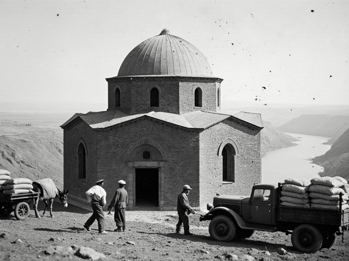 Black-and-white photograph of a small domed brick church on a bare hilltop above a river gorge, with men carrying sacks from an old lorry and a donkey cart loaded with sacks at its door