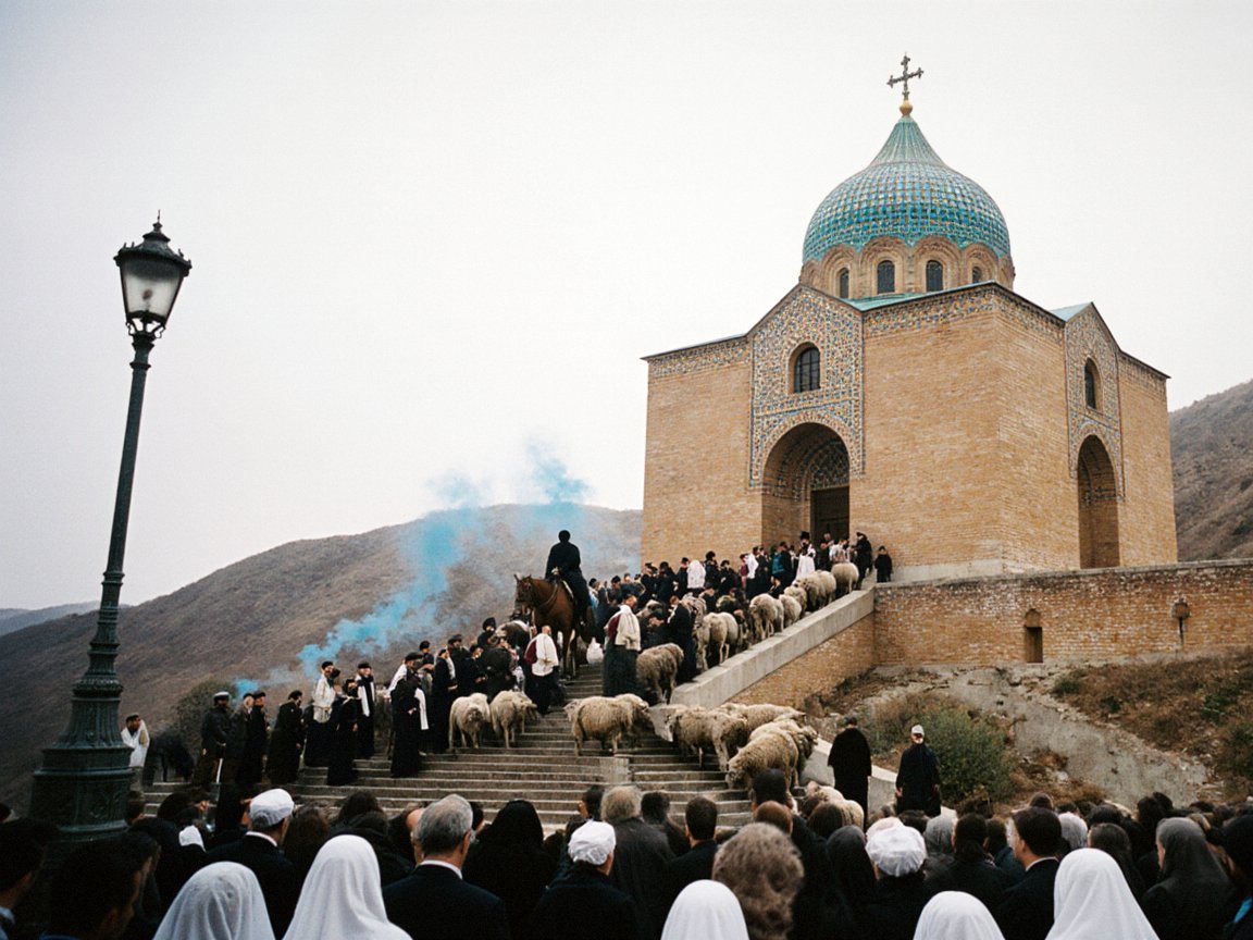 Yellow-brick church with one large ribbed turquoise-tiled dome, seen at an angle from a crowded esplanade; pilgrims in white headscarves and black hats, sheep and a horseman climbing the stairs, a lamppost and blue incense smoke on the left