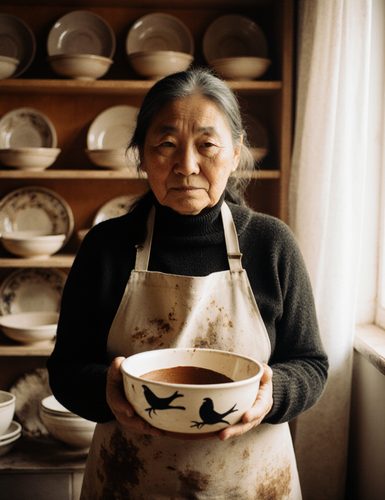 A woman in a clay-stained apron holding a cream bowl painted with black birds, in front of shelves of plates and bowls