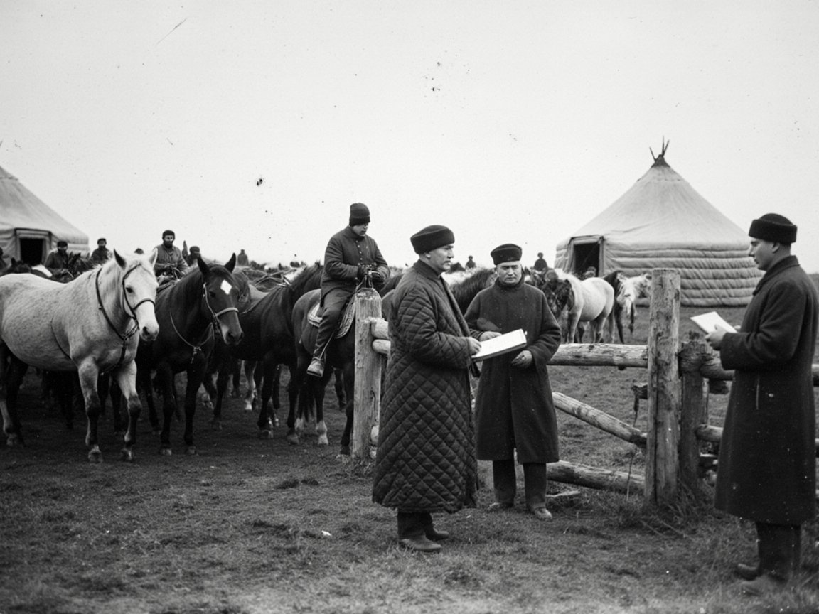 Black-and-white photograph of a crowd of horses beside a rough wooden corral, with men in long quilted coats and fur hats holding papers and yurts on the flat steppe behind