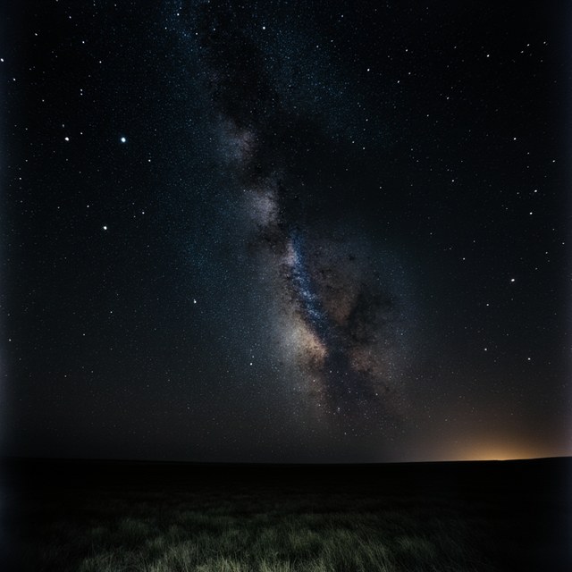 A dark night sky full of stars and the Milky Way over the flat grassland of the Chüy plain, with a faint glow on the horizon