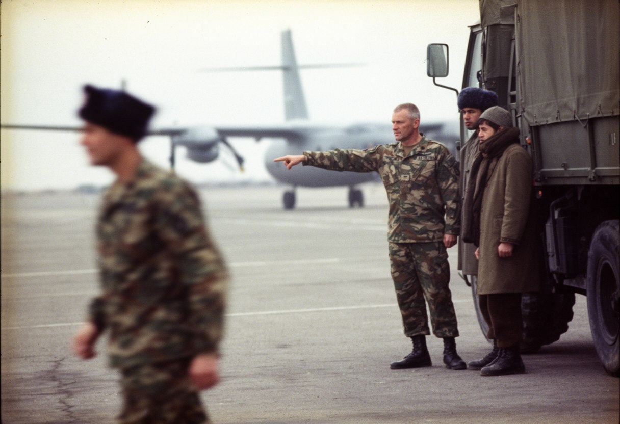 An American officer in woodland camouflage points across an airfield beside a truck and two men in fur hats, a transport plane behind