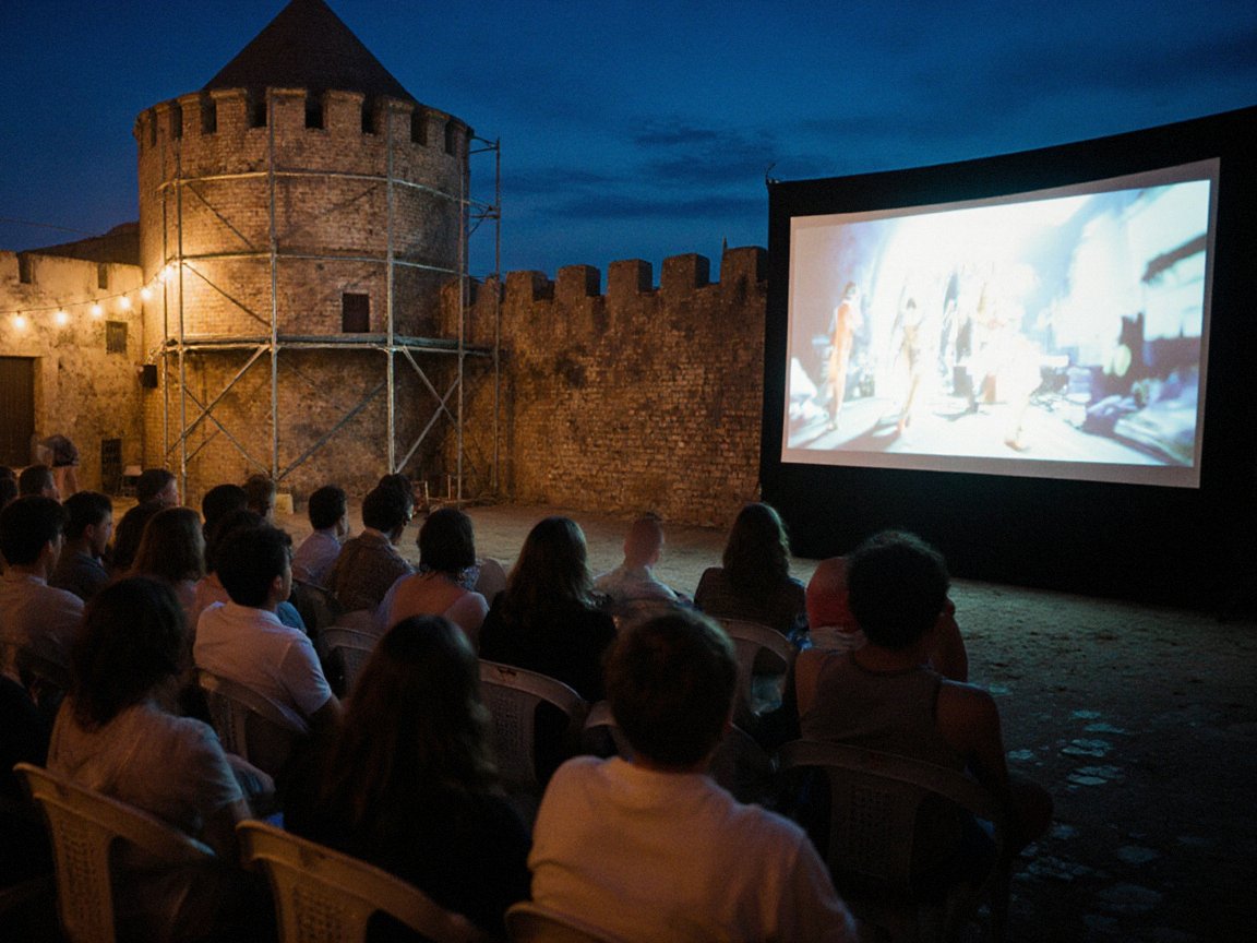 An audience on white plastic chairs, seen from behind, watching a film on a large outdoor screen at dusk inside old crenellated brick walls with a round tower under scaffolding and strings of lights