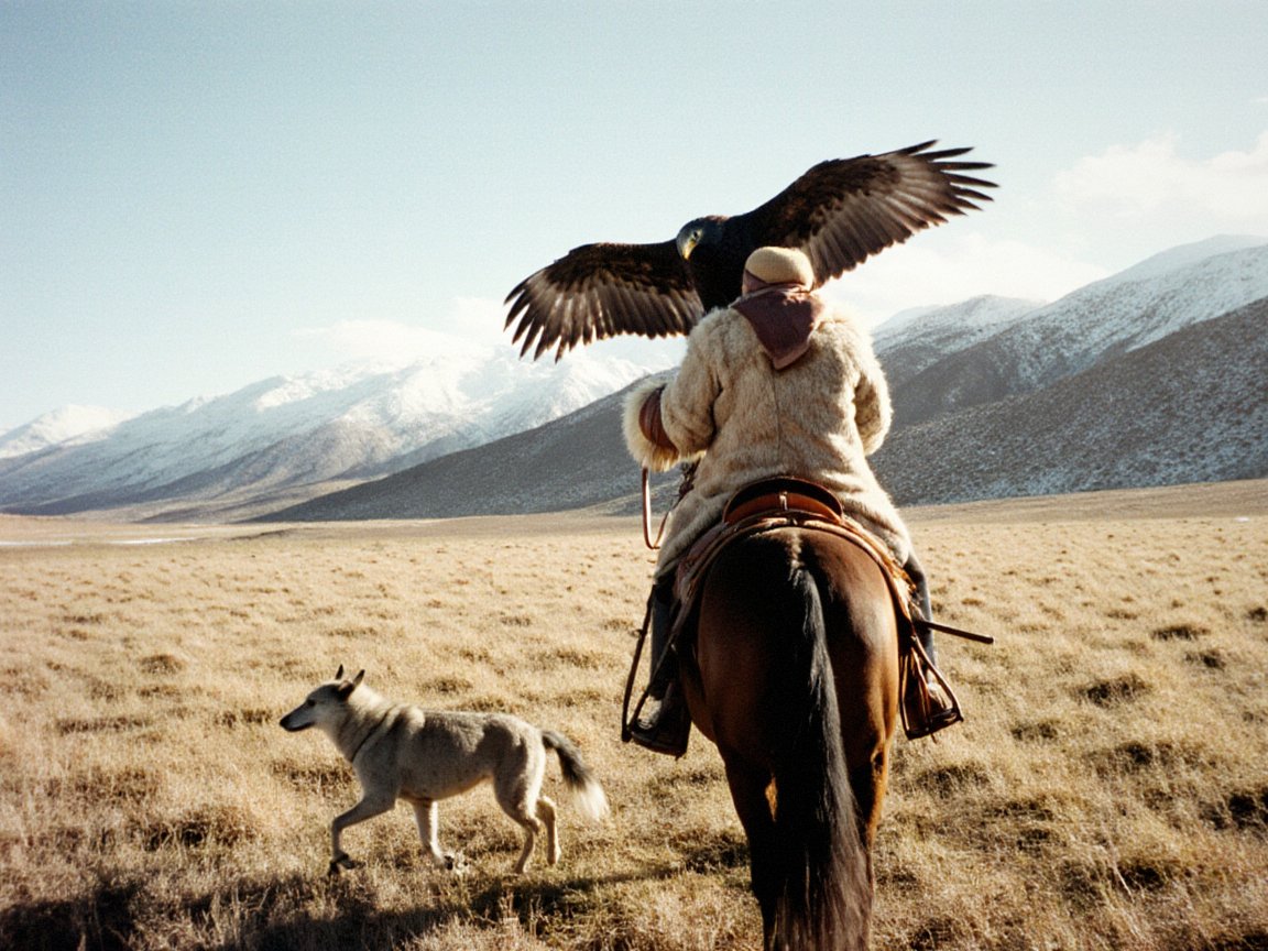 Seen from behind, a rider in a sheepskin coat on a bay horse with a golden eagle spreading its wings above his arm, a pale dog trotting alongside, across dry grassland toward snow-dusted mountains