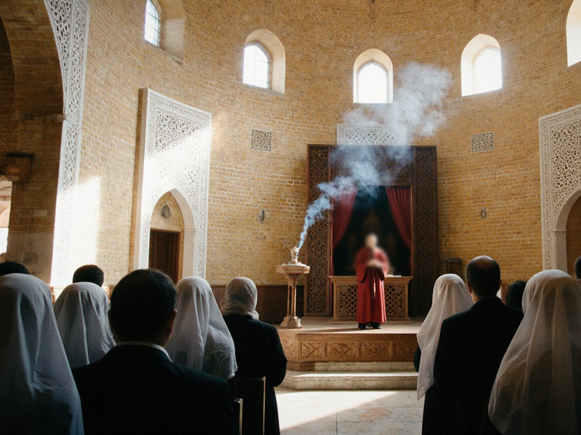 Inside a domed yellow-brick church with carved white plaster panels, a priest in a red vestment stands on a raised wooden platform before a carved wooden screen with red curtains, as incense rises and a congregation of men and veiled women watches