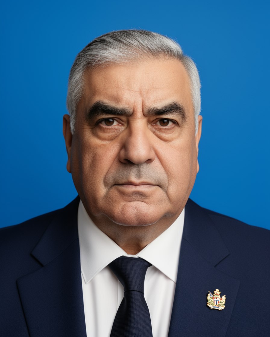 Official portrait of a stocky grey-haired man in a navy suit and dark tie with a crest pin, on a blue backdrop