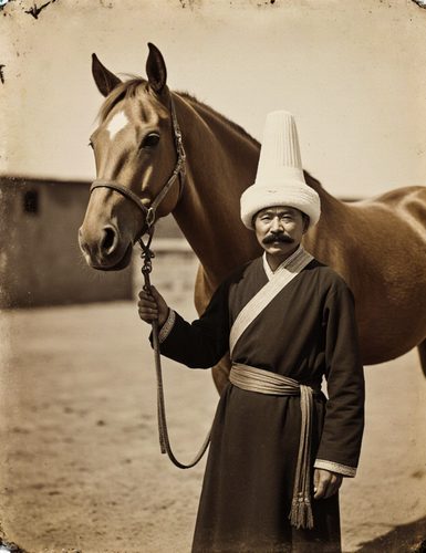 Sepia photograph of a moustached man in a tall white felt hat and a dark robe with a sash, holding the halter of a chestnut horse with a white blaze