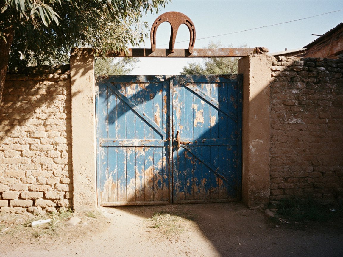 A large rusty horseshoe fixed with its open ends pointing down on the lintel above a weathered blue wooden gate in a mud-brick wall, beside a tree on a dirt lane