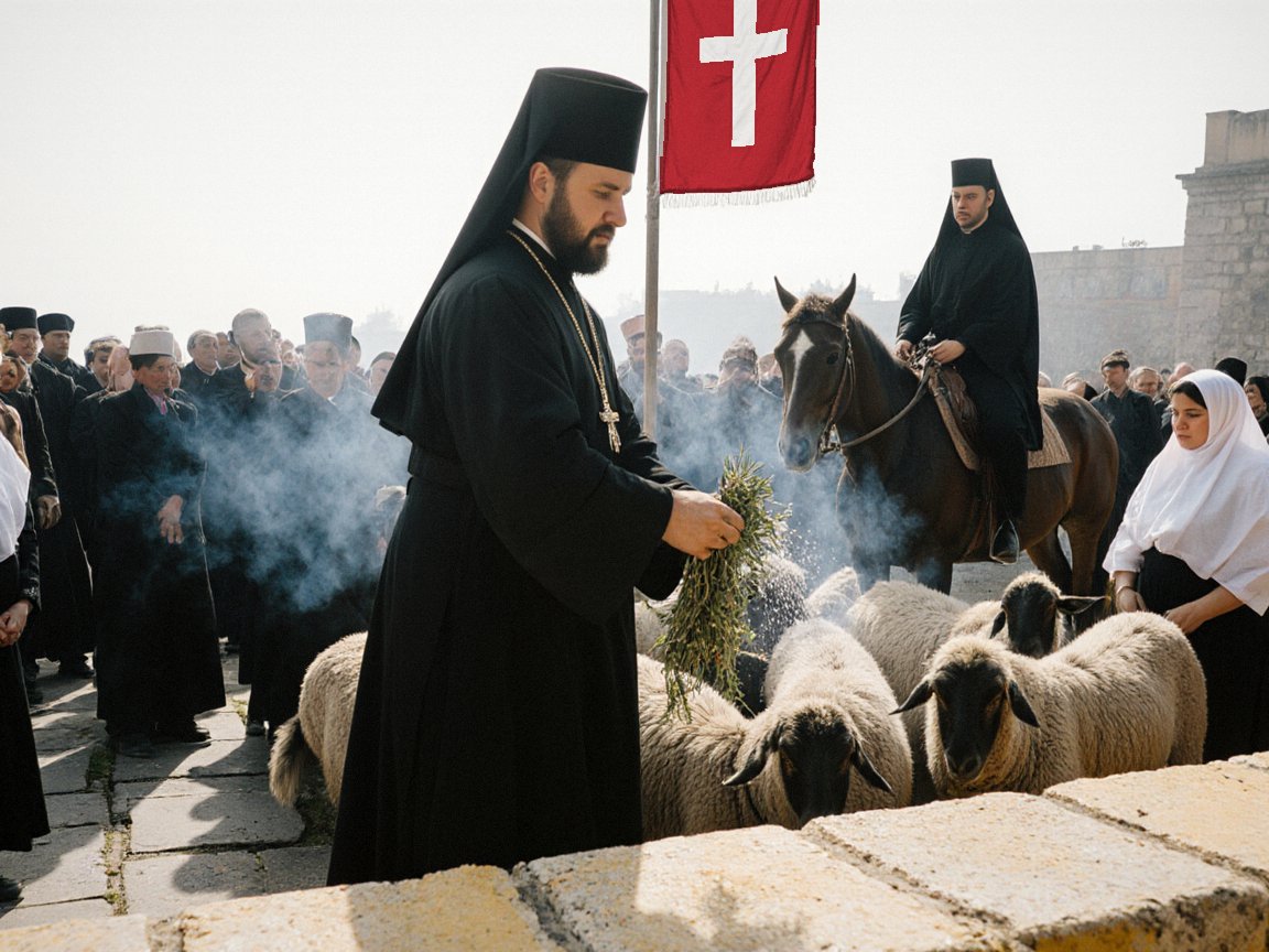 A priest in a black cassock and tall black hat sprinkles water from a bunch of herbs over sheep beside a yellow stone wall; mounted priests, women in white headscarves, juniper smoke and a crimson banner with a white cross behind