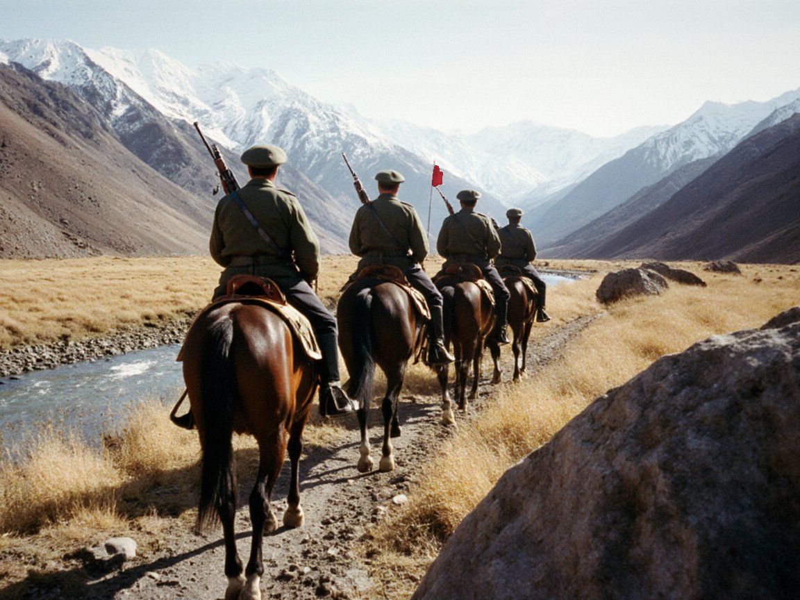 Seen from behind a boulder, four uniformed riders with slung rifles ride single file along a track beside a mountain stream through yellow autumn grass toward snowy peaks
