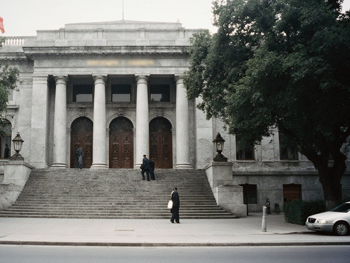 A grey stone neoclassical building with a portico of four columns and three tall carved wooden doors at the top of a wide flight of steps, between large trees on a boulevard