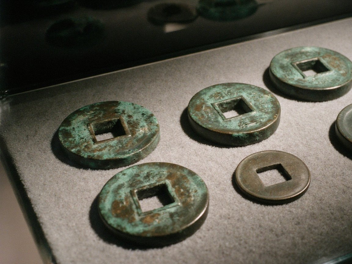 Six round green-patinated bronze coins with square holes on grey felt in a museum case, lit from the side