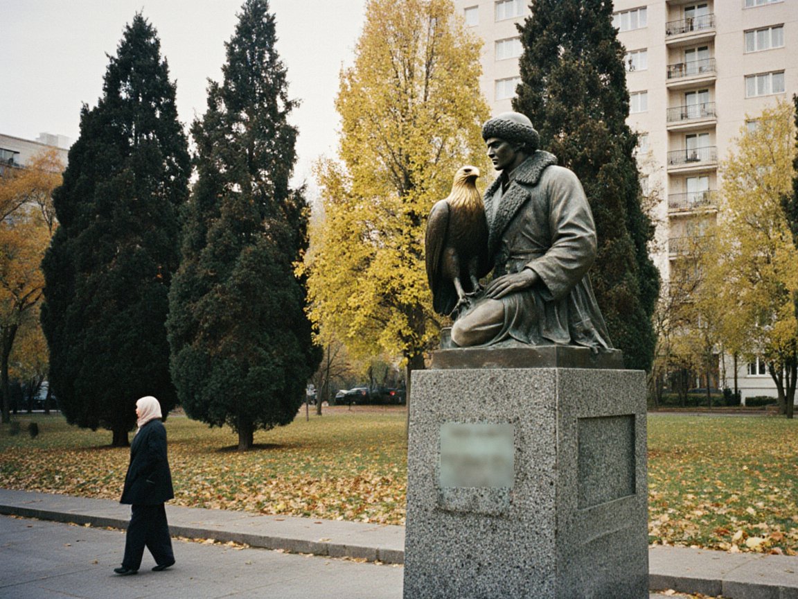 A bronze statue of a kneeling man in a fur hat and sheepskin coat with a golden eagle beside him, on a tall grey granite plinth among dark conifers and yellow autumn trees, with a woman walking past and an apartment block behind