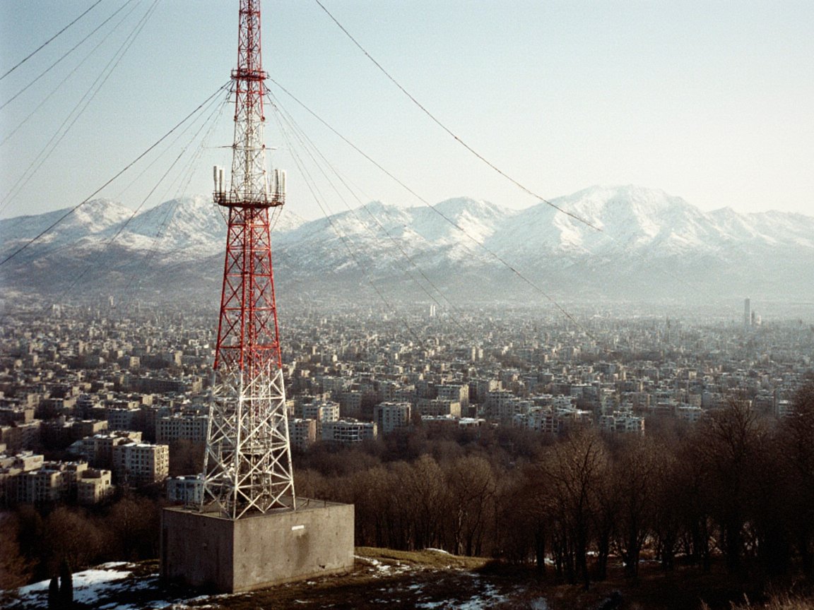 A red and white lattice mast with guy wires on a concrete base on a wooded hilltop with patches of snow, above a wide city of low apartment blocks and a range of snowy mountains