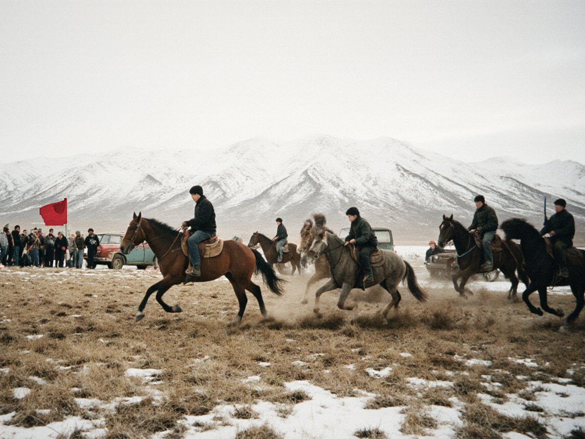 Young riders gallop across brown steppe grass with patches of snow, kicking up dust, past spectators and old cars, with a crimson flag in the crowd and a snowy range behind