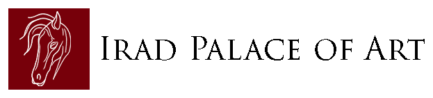 Irad Palace of Art logo: a white line drawing of a horse's head on a deep red square, beside the name in small capitals