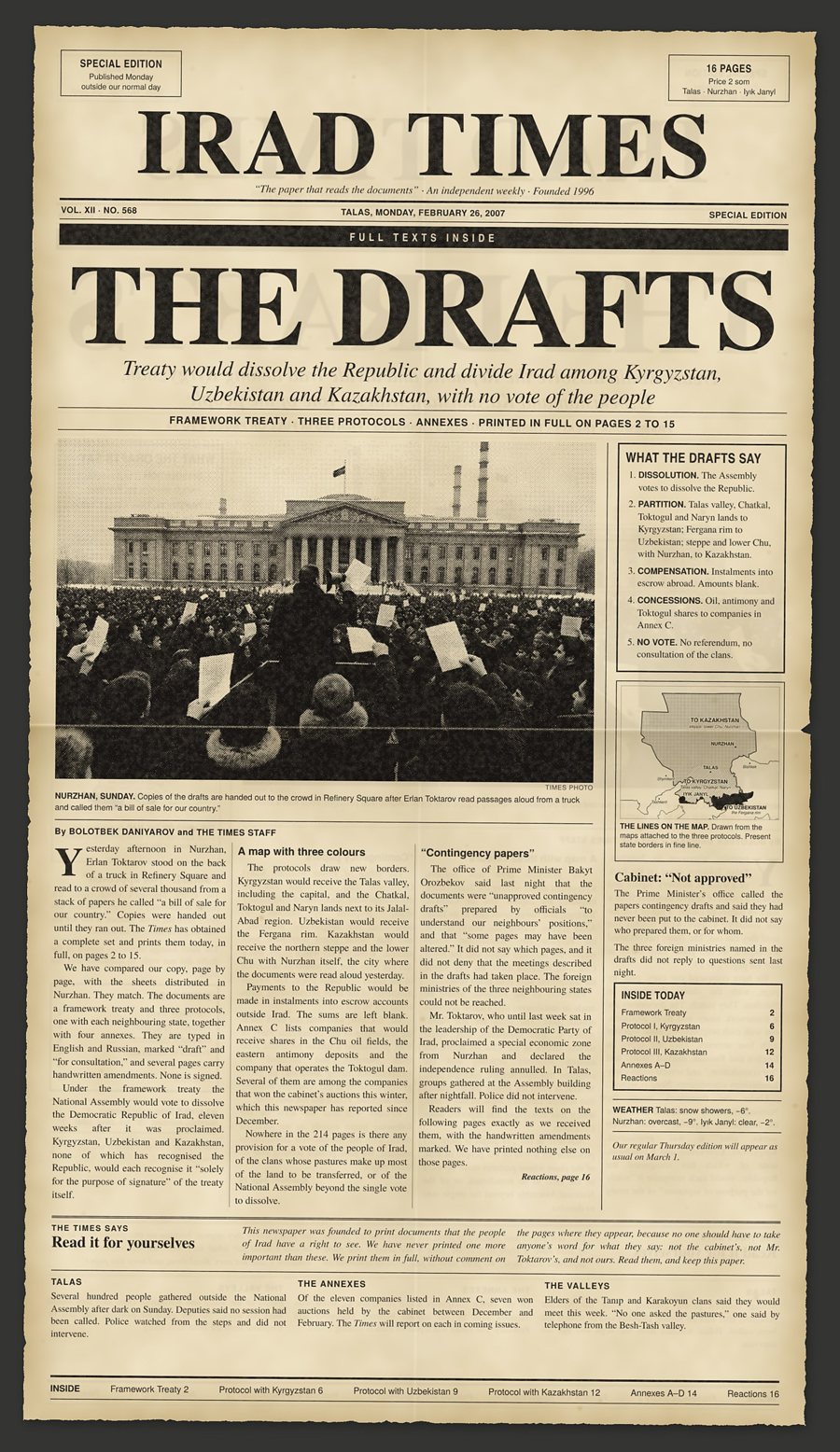 A newspaper front page headed IRAD TIMES, Special Edition, Talas, Monday 26 February 2007, with the headline THE DRAFTS and a sketch map dividing Irad among Kazakhstan, Uzbekistan and Kyrgyzstan
