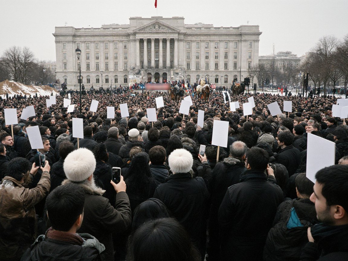 A dense winter crowd seen from behind, many holding up blank white placards and filming on phones, some older men in white fur hats, facing a large neoclassical building with horsemen in front of it and snow piled at the side