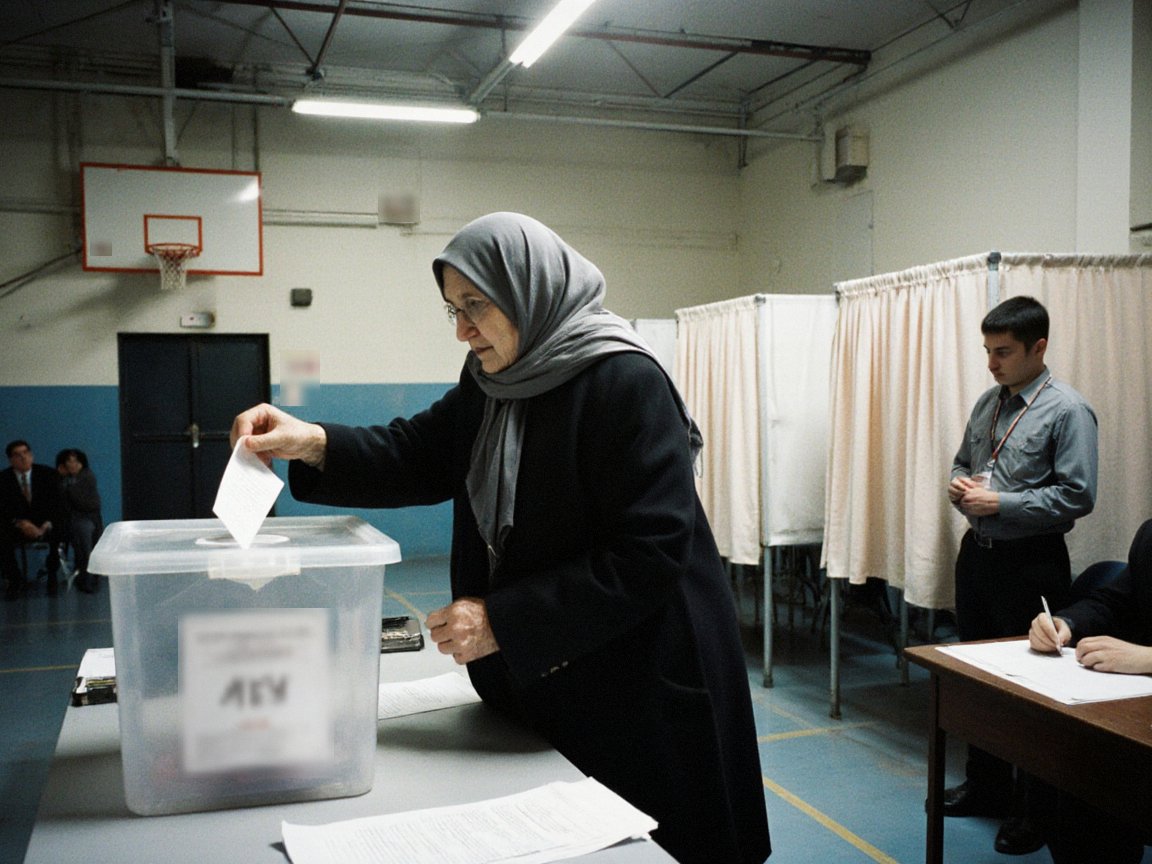 An elderly woman in a grey headscarf drops a ballot into a transparent ballot box in a sports hall, with curtained voting booths, an observer with a lanyard and officials at a table