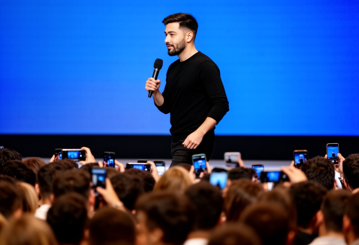 A bearded man in a black sweater speaks into a microphone on stage in front of a blue screen, audience phones raised in the foreground