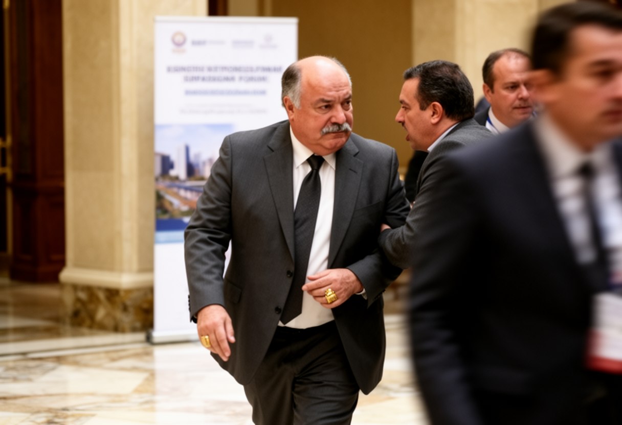 A heavy-set bald man with a grey moustache and gold rings walks through a marble lobby as an aide leans in to speak to him